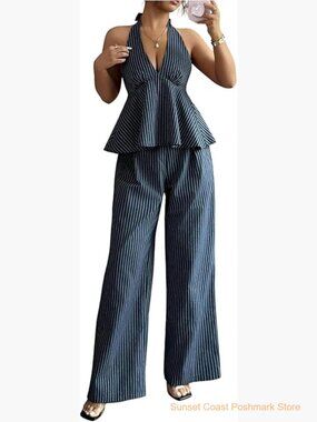 Backless Ruffle Halter Top Wide Leg Pants Matching Set